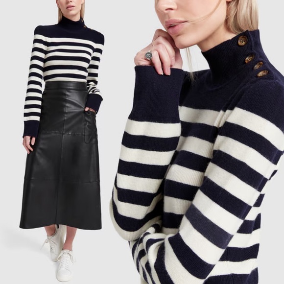 Goop G. LABEL Mindy Cashmere Wool Striped Turtleneck Sweater in Navy Cream - Picture 9 of 17